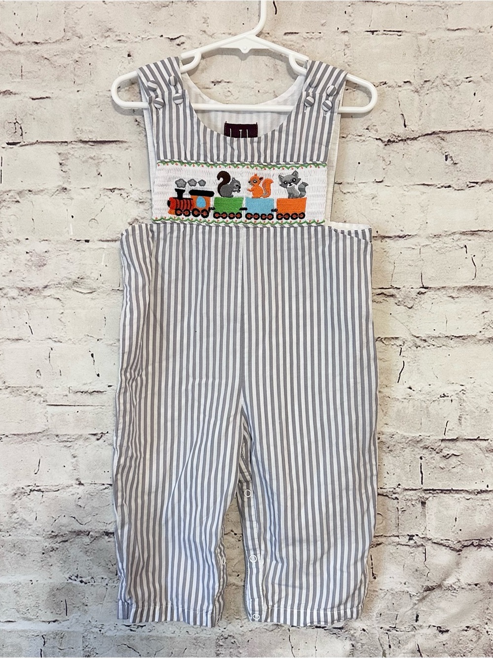 “Lil Cactus” Striped Smocked Overalls with Train & Animal Embroidery